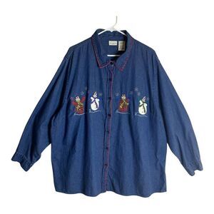 White Stag Plus Size Denim Snowman Embroidered Holiday Shirt